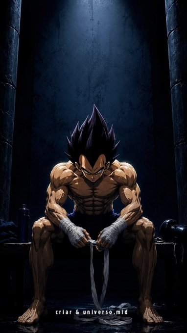 A dramatic illustration of a spiky-haired anime character with heavily bandaged hands sitting in a dark, moody environment, tagged 'criar & universo.mid'.