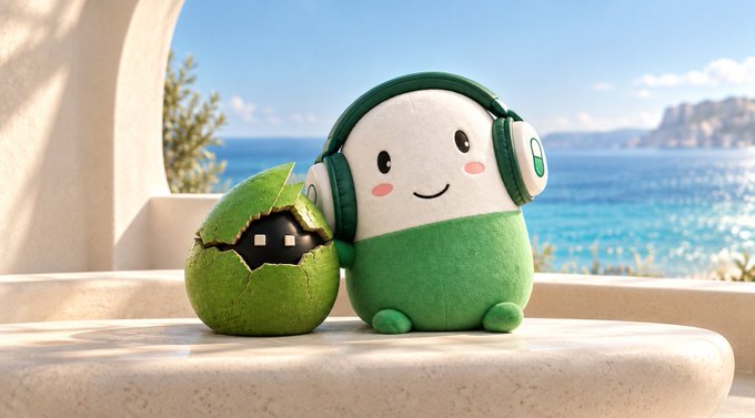 A 3D-rendered cute character with a round body and green headphones sits next to a green egg with a small pixelated black creature emerging from a crack, set against a Mediterranean seascape background.