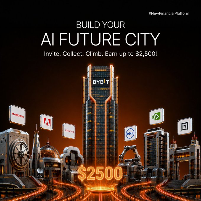 A promotional graphic for Bybit's "AI Future City" campaign featuring a futuristic skyscraper with the "BYBIT" logo, surrounded by AI brand landmarks including SanDisk, NVIDIA, Marvell, Dell, Oracle, and Adobe, highlighted by a glowing "$2500" centerpiece. The image directly corresponds to the post by showcasing the contest's six collectible AI company landmarks and the $2,500 leaderboard prize.