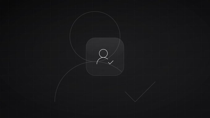 Dark minimalist graphic showing a user profile icon with a checkmark inside a rounded square, accompanied by a decorative curving line.