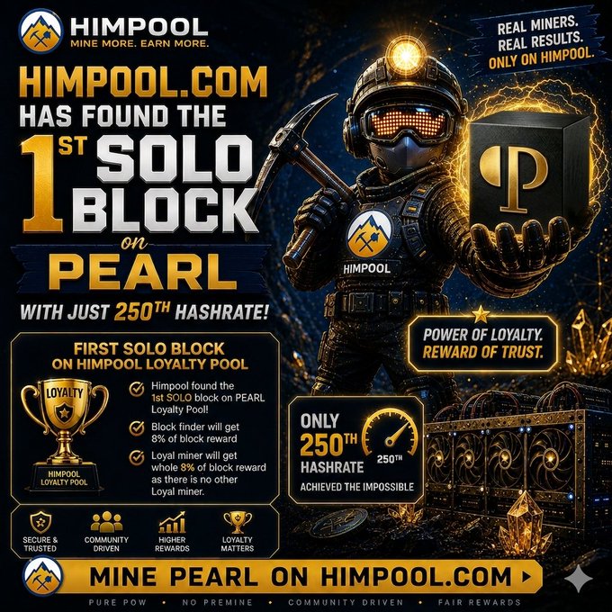The image shows a post promoting a new mining site, "Himpool.com", that claims to have found the first solo block. The main focus of this post is an image featuring a cartoon character holding a single pearl while wearing an armor suit, symbolizing the idea of finding success in the mining industry. The post also includes text highlighting the rewards associated with being loyal and dedicated to the site, emphasizing its fair value reward system that goes beyond just financial gain or popularity.