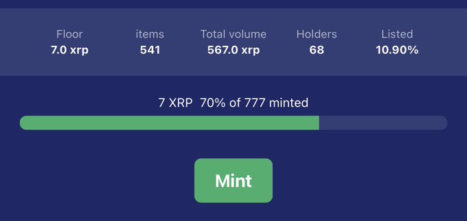 A screenshot of a digital marketplace showing a minting page with 'Floor 7.0 xrp', 'items 541', 'Total volume 567.0 xrp', 'Holders 68', 'Listed 10.90%', and '7 XRP 70% of 777 minted' above a green 'Mint' button.