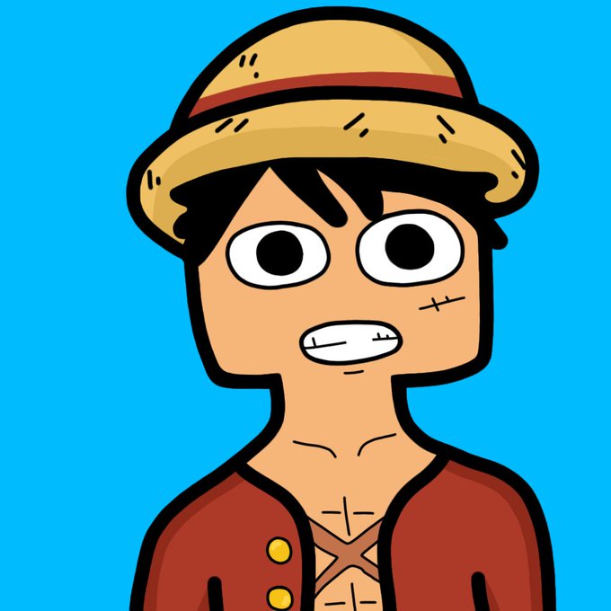 A cartoon illustration of a young man with dark hair wearing a straw hat and red shirt, with a stitched scar on his cheek, against a bright blue background.