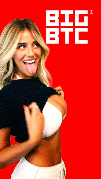 Promotional image with red background featuring a woman sticking out her tongue next to "BIG BTC" text in bold white letters.