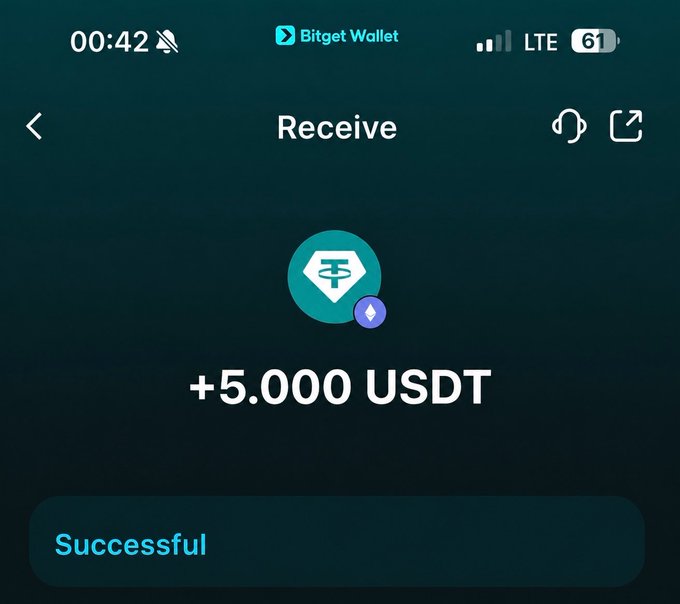 A Bitget Wallet app screenshot showing a successful receive of +5.000 USDT (Tether) on a dark teal background.