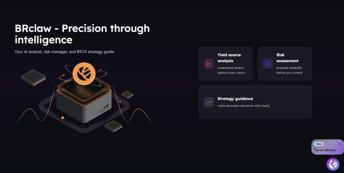 The image is a dark-themed landing page for "BRclaw - Precision through intelligence," described as "Your AI analyst, risk manager, and BTCfi strategy guide." It features three feature cards—Yield source analysis, Risk assessment, and Strategy guidance—alongside an isometric illustration of a central orange cube icon, with a small purple chatbot pop-up in the bottom right corner inviting users to "Try out BRclaw." The post's clue points directly to this little purple circular chat icon in the corner as the interactive entry point to Bedrock's on-chain analyst.