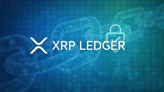 The 'XRP LEDGER' logo is displayed next to a padlock icon against a teal and blue digital background featuring a chain pattern.