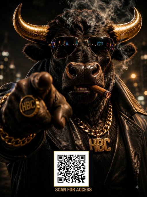 A stylized image features an anthropomorphic bull wearing sunglasses and a gold chain, smoking a cigar and pointing at the viewer, with 'HBC' branding on its jacket and ring, accompanied by a QR code labeled 'SCAN FOR ACCESS'.