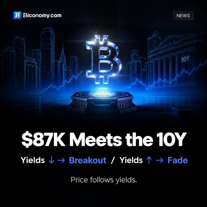 A crypto news graphic from Biconomy.com features a glowing Bitcoin symbol above a city skyline and charts, stating '$87K Meets the 10Y' with the rule 'Yields ↓ → Breakout / Yields ↑ → Fade. Price follows yields.'