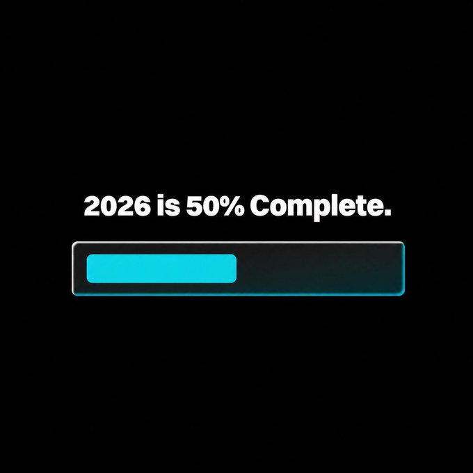 A minimalist digital graphic on a black background displays the bold white text "2026 is 50% Complete." positioned above a progress bar that is filled halfway with cyan, marking the halfway point of the year to reflect the milestone mentioned in the post about trying the PoolX feature on Bitget.