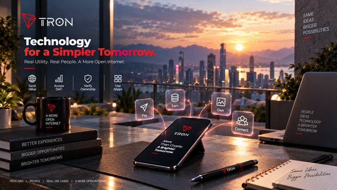 A Tron promotional banner with the tagline 'Technology for a Simpler Tomorrow' and 'Real Utility. Real People. A More Open Internet,' displaying icons for value, access, decentralization, and dApps over a sunset cityscape with a phone and mug.