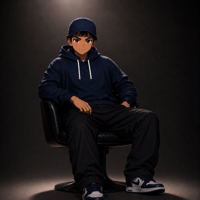 An anime-style illustration depicts a young man wearing a navy blue hoodie, black pants, and a matching cap, sitting confidently on a black leather chair against a dark background.