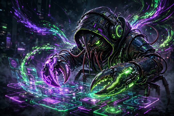 A digital art illustration of a menacing hooded figure in futuristic black armor with glowing green and purple accents, interacting with holographic code panels.