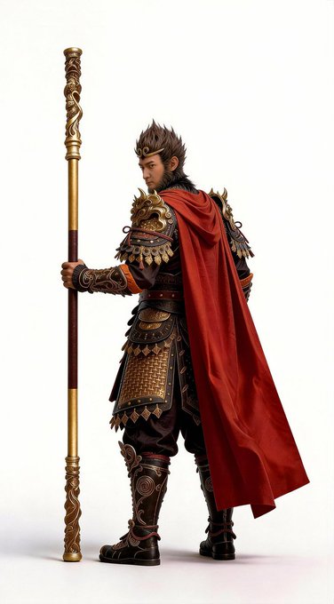 A digital illustration of a warrior resembling Sun Wukong (the Monkey King) in ornate armor with a flowing red cape, holding a golden staff with dragon carvings.