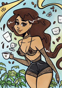 An illustrated woman with flowing brown hair holds a teacup adorned with a heart, surrounded by floating coffee cups and coffee beans against a backdrop of coffee plants.