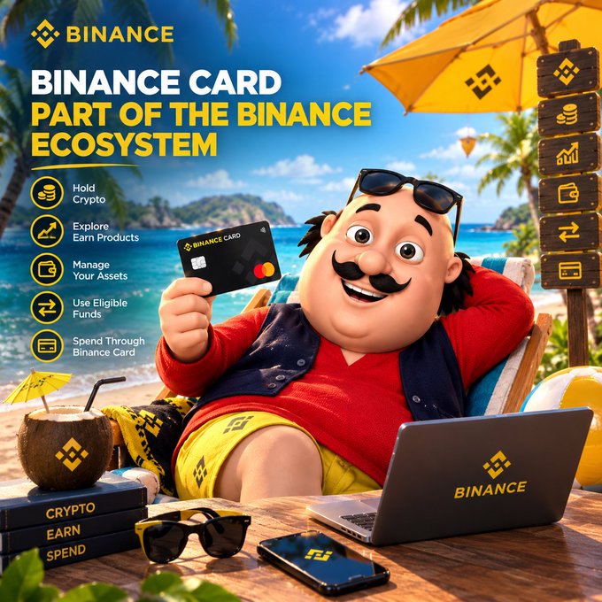 A Binance advertisement featuring a cartoon mascot relaxing on a beach chair with a laptop, promoting the 'BINANCE CARD' and listing benefits like 'Hold Crypto', 'Explore Earn Products', 'Manage Your Assets', 'Use Eligible Funds', and 'Spend Through Binance Card'.