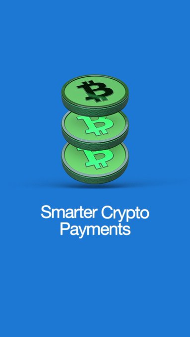 Mobile app advertisement on a blue background showing a stack of three green cryptocurrency coins (featuring Bitcoin, Dogecoin, and another crypto symbols) with the tagline 'Smarter Crypto Payments.'
