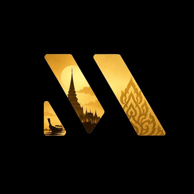 A stylized golden "M" logo set against a black background, incorporating intricate Thai temple silhouettes, a longtail boat, and ornate decorative patterns. The artwork reflects the post's announcement of a Metaplex workshop in Bangkok, blending Thai cultural elements with the Metaplex branding for a localized touch.