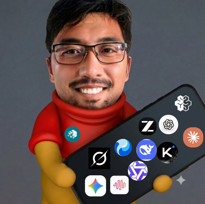 A portrait-style image of a smiling man with glasses holding a smartphone displaying various AI application icons, including OpenAI's logo and others.