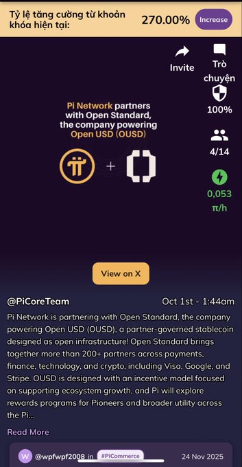 A mobile app screenshot showing Pi Network partnering with Open Standard to power Open USD (OUSD), with a 270.00% increase indicator and a Pi Network tweet dated Oct 1st.