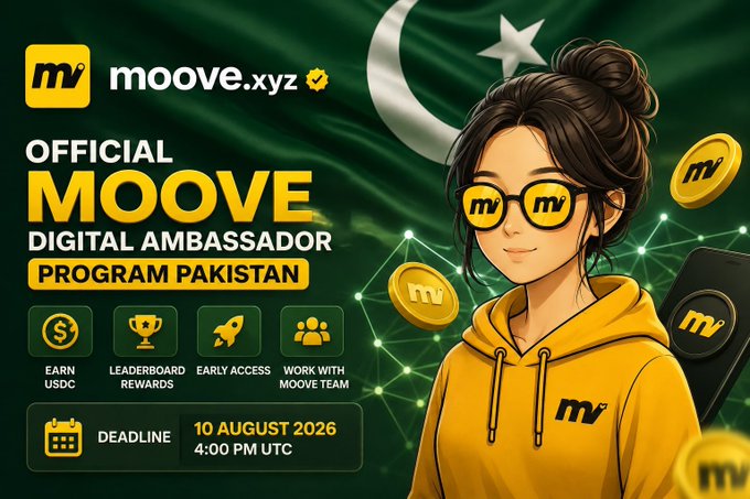 Promotional graphic for the 'Official Moove Digital Ambassador Program Pakistan' featuring the moove.xyz logo, a cartoon character in a yellow hoodie with branded sunglasses, and a deadline of 10 August 2026 at 4:00 PM UTC, highlighting perks like earning USDC, leaderboard rewards, early access, and working with the Moove team.
