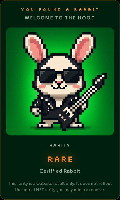 A pixel-art rabbit wearing sunglasses and a black jacket, holding a rifle against a green background, is displayed on a digital card reading "YOU FOUND A RABBIT," "WELCOME TO THE HOOD," and labeled "Certified Rabbit" with "RARE" rarity—representing a collectible NFT tied to the RabbithoodHQ whitelist tease.