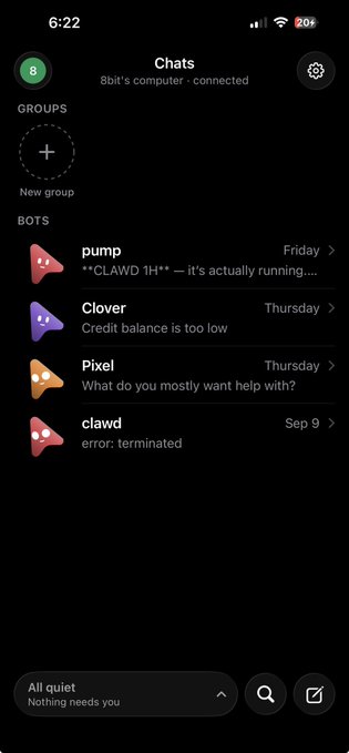 A mobile chat application interface showing a list of bots including "pump," "Clover," "Pixel," and "clawd" with various messages like "Credit balance is too low" and "error: terminated".