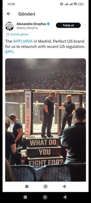 The image shows a fighter cage with two men inside, one of whom appears to be a referee or official. A social media post about a fight event is displayed on the screen, which includes a photo of the fighters and their surroundings. The caption reads "If US regulations are finally clear, the next step is obvious: Relaunch Listing on major US exchanges Global accessibility $PFL deserves to reach MMA fans all around the world @PFLMMA are you here? What are the plans for the PFL Fan Token?".