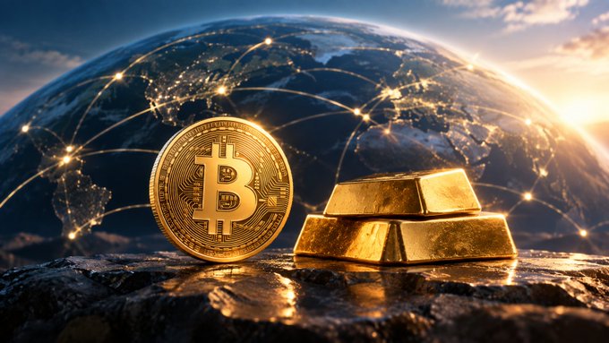 A golden Bitcoin coin stands upright next to stacked gold bars, set against a backdrop of Earth illuminated by city lights and connecting network lines.