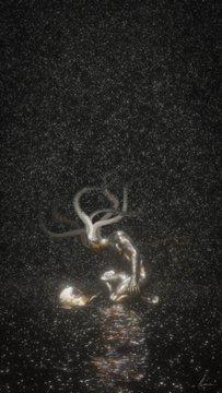 A dark, atmospheric image showing a faint metallic figure or sculpture emerging from a black background, illuminated by a bright light that creates reflections on a wet surface below.