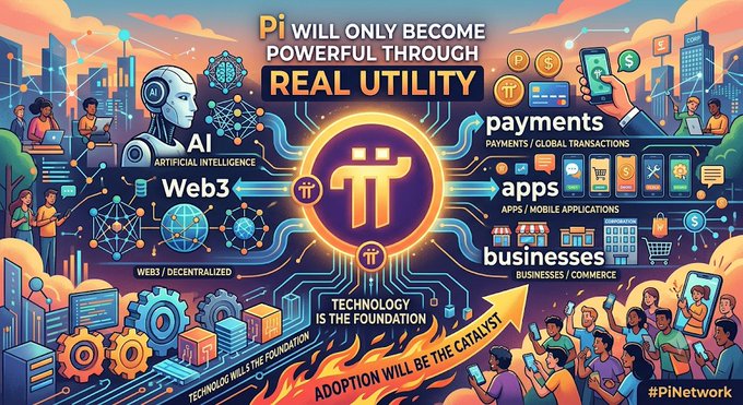 An infographic about Pi Network showing the Pi logo with text 'Pi WILL ONLY BECOME POWERFUL THROUGH REAL UTILITY' and 'ADOPTION WILL BE THE CATALYST', illustrating AI, Web3, payments, apps, and businesses.