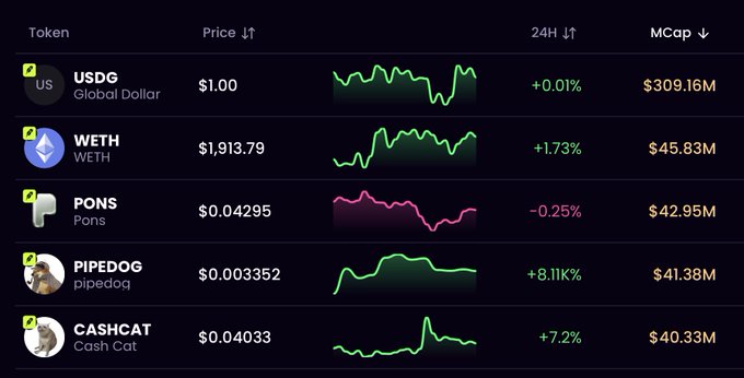 The image displays a cryptocurrency market cap ranking table showing five tokens: USDG ($1.00, $309.16M), WETH ($1,913.79, $45.83M), PONS ($0.04295, $42.95M), PIPEDOG ($0.003352, $41.38M), and CASHCAT ($0.04033, $40.33M), with 24-hour price changes ranging from -0.25% to +8.11%. The screenshot illustrates $CASHCAT's current position at #5 by market cap ($40.33M), just behind PONS and PIPEDOG, supporting the claim that the token has dropped from the #1 spot to #5 within a week.
