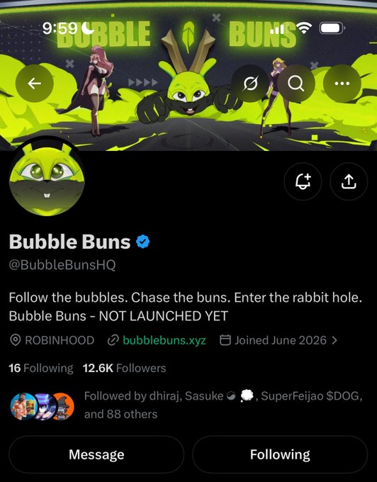 The image shows the Twitter/X profile page for **@BubbleBunsHQ**, a verified account with 12.6K followers that has yet to launch. The profile features a neon green banner titled "BUBBLE BUNS" with a rabbit mascot and anime-style characters, and lists "ROBINHOOD" as the linked platform, aligning with the post's mention of an NFT project of 4,444 collectible characters built for Robinhood Chain.