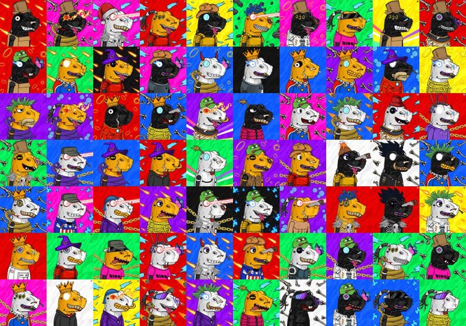 A colorful NFT-style collage featuring dozens of cartoon character avatars including bears, dogs, and other animals with various accessories and crowns on bright multicolored backgrounds.