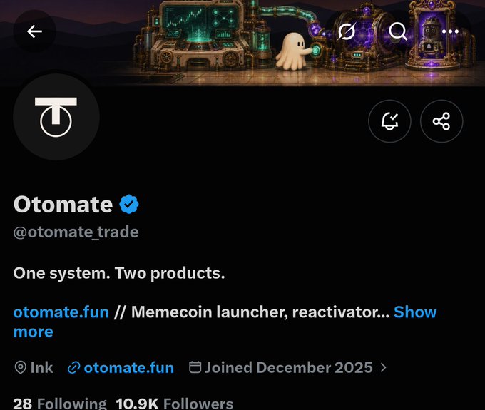 The image shows the Twitter/X profile of **Otomate (@otomate_trade)**, verified with 10.9K followers, describing itself as "One system. Two products" and linked to otomate.fun, a memecoin launcher/reactivator on the Ink chain.

This aligns with the post promoting a **1500-supply memecoin mint on INK at 0.04444 ETH**, suggesting Otomate is the launchpad/creator behind the featured mint offering whitelist access.
