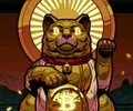 A pixel-art style image of a lucky cat (maneki-neko) with a golden bell and raised paw, sitting against a red background.