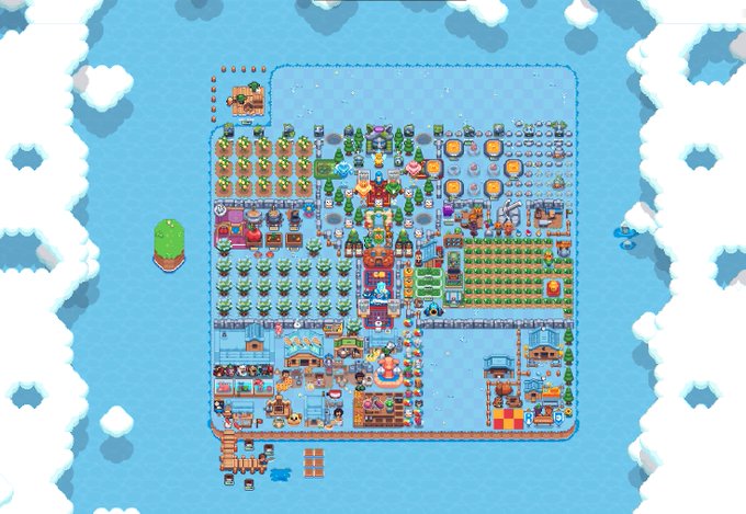 Sunflower Land has added Swamp Islands, featuring a new landscape to explore and expand upon. This image shows a vibrant, pixelated farm with crops, buildings, and a central castle, likely representing the game's expansion.