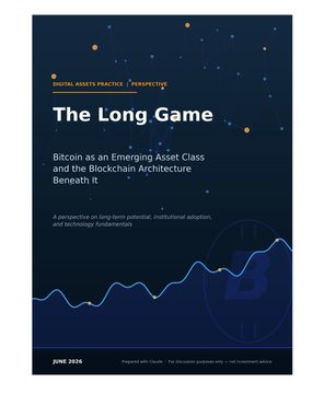 The image features a cover for a book titled "The Long Game" by a person named @claudeai Fable. The title of the book suggests that it is about Bitcoin as an emerging asset class, and the author's name indicates that they are a McKinsey consultant. The book also mentions the potential long-term investment opportunities in Bitcoin technology and how to create a detailed report on this topic.
