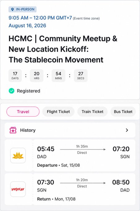 An event details screen for 'HCMC | Community Meetup & New Location Kickoff: The Stablecoin Movement' on August 16, 2026, showing travel options including flights from DAD to SGN with VietJet Air.