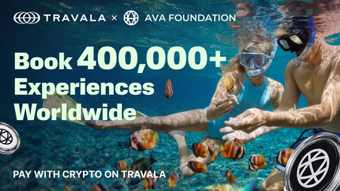A Travela × Ava Foundation promotional banner shows an underwater snorkeling scene with fish and two people in masks, alongside the text “Book 400,000+ Experiences Worldwide” and “PAY WITH CRYPTO ON TRAVALA.”