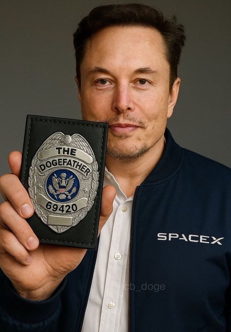 Elon Musk wearing a SpaceX jacket holds up a badge wallet displaying 'THE DOGEFATHER' with badge number 69420, referencing his DOGE government role.