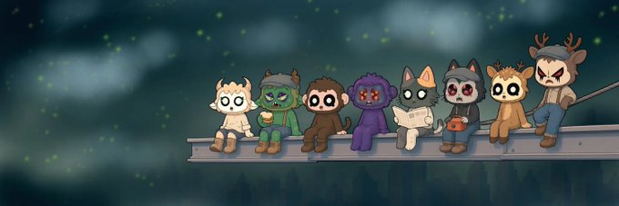 A group of seven cute cartoon characters with various animal-like features sit in a row on a ledge at night.