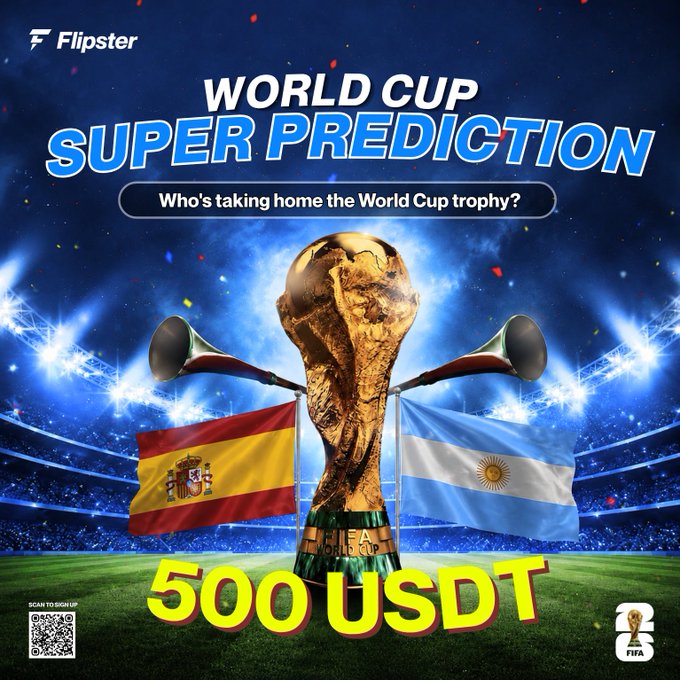 The image is a promotional graphic for Flipster's "World Cup Super Prediction" challenge, featuring the FIFA World Cup trophy flanked by the flags of Spain and Argentina, with text highlighting a "500 USDT" prize and a QR code to sign up, aligning with the post about predicting the winner between Spain and Argentina for a share of the 2,000 USDT prize pool.