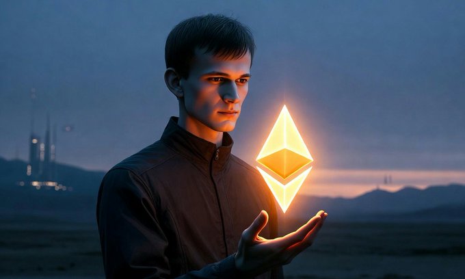 A digital artwork depicts a young man holding a glowing, diamond-shaped Ethereum logo in his palm against a dusky sci-fi landscape with distant futuristic structures.