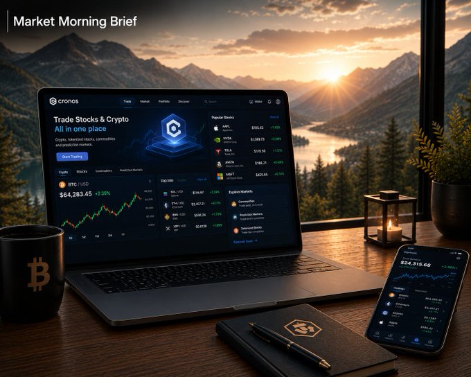 A 'Market Morning Brief' showing a laptop displaying the Cronos trading platform with BTC at $64,283.45, set against a scenic mountain sunrise backdrop with a Bitcoin mug and phone.