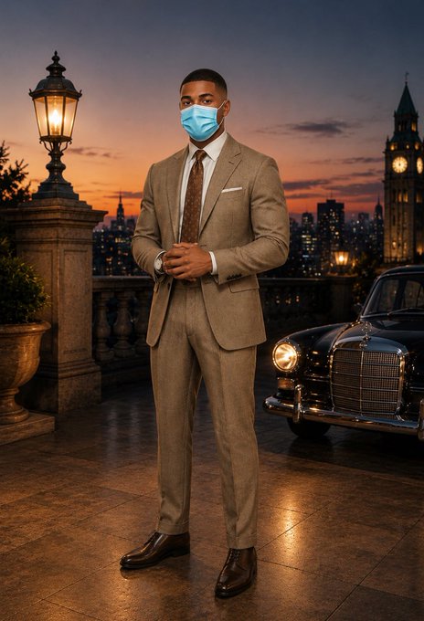 A well-dressed man in a tan suit and blue face mask stands confidently on a rooftop at sunset, with a vintage luxury car and London skyline featuring Big Ben in the background, embodying a winning mindset and success-oriented attitude that aligns with the motivational caption.