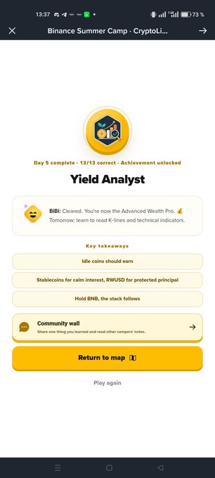 A screenshot from the Binance Summer Camp showing a 'Yield Analyst' achievement on Day 5 (13/13 correct), with key takeaways including earning on idle coins, stablecoin interest, RWUSD, holding BNB, and a 'Return to map' button.