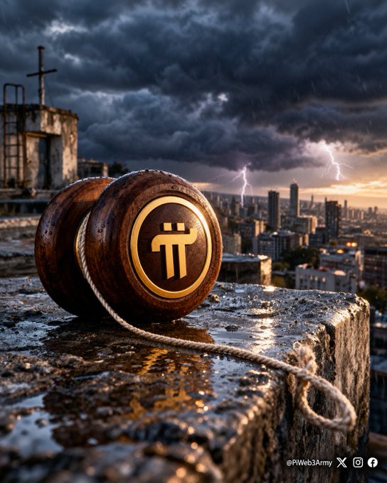 A Pi Network (π) branded yo-yo rests on a wet concrete surface overlooking a city skyline during a stormy, lightning-filled sunset.