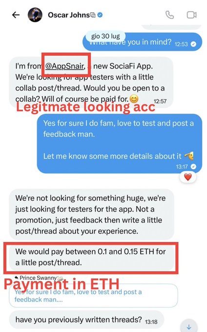 The image shows a Twitter DM conversation with Oscar Johns where an @AppSnair account offers a "legitimate looking" paid collab to test a new "SociaFi App" and write a post in exchange for "0.1 and 0.15 ETH," which exemplifies the KOL crypto scam where the attached malicious app or site drains victims' wallets once connected.
