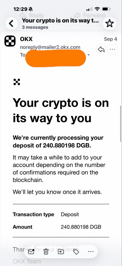 An email from OKX notifying a user that their crypto deposit of 240.880198 DGB is being processed.